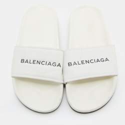 Pre Owned Balenciaga White Leather Logo Flat Slide Sandals Size 39