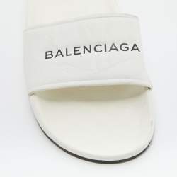 Pre Owned Balenciaga White Leather Logo Flat Slide Sandals Size 39