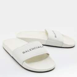 Pre Owned Balenciaga White Leather Logo Flat Slide Sandals Size 39