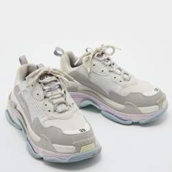 Pre Owned Balenciaga Off White/Grey Mesh and Nubuck Triple S Lace Up Sneakers Size 39