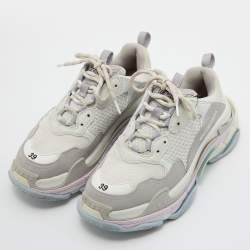 Pre Owned Balenciaga Off White/Grey Mesh and Nubuck Triple S Lace Up Sneakers Size 39