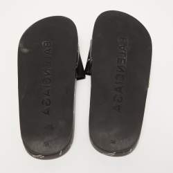 Pre Owned Balenciaga Black Logo Print Leather Flat Slides Size 38