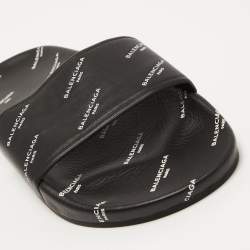 Pre Owned Balenciaga Black Logo Print Leather Flat Slides Size 38
