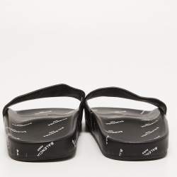 Pre Owned Balenciaga Black Logo Print Leather Flat Slides Size 38