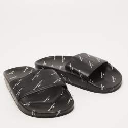 Pre Owned Balenciaga Black Logo Print Leather Flat Slides Size 38
