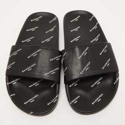 Pre Owned Balenciaga Black Logo Print Leather Flat Slides Size 38