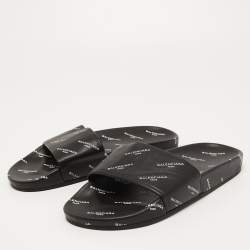 Pre Owned Balenciaga Black Logo Print Leather Flat Slides Size 38