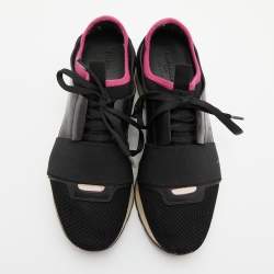 Pre Owned Balenciaga Black/Pink Leather And Mesh Race Runner Low Top Sneakers Size 37