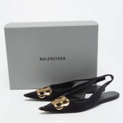 Balenciaga Black Velvet BB Pointed Toe Slingback Flats Size 38