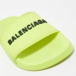 Pre Owned Balenciaga Neon Yellow Rubber Logo Slides Size 37