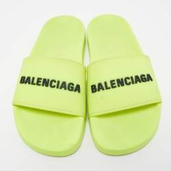 Pre Owned Balenciaga Neon Yellow Rubber Logo Slides Size 37