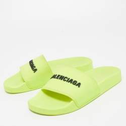 Pre Owned Balenciaga Neon Yellow Rubber Logo Slides Size 37