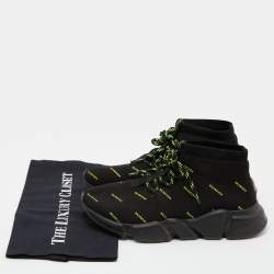 Pre Owned Balenciaga Black Knit Fabric Speed Trainer Neon Logo Lace Up Sock Sneakers Size 38