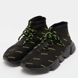 Pre Owned Balenciaga Black Knit Fabric Speed Trainer Neon Logo Lace Up Sock Sneakers Size 38