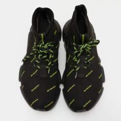 Pre Owned Balenciaga Black Knit Fabric Speed Trainer Neon Logo Lace Up Sock Sneakers Size 38