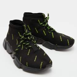 Pre Owned Balenciaga Black Knit Fabric Speed Trainer Neon Logo Lace Up Sock Sneakers Size 38