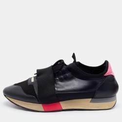 Pre Owned Balenciaga Black Leather, Mesh and Neoprene Race Runner Sneakers Size 41