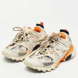 Pre Owned Balenciaga White/Orange Mesh and Synthetic Leather Track Low Top Sneakers Size 37