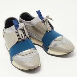 Balenciaga Grey/Blue Mesh and Leather Race Runner Sneakers Size 37