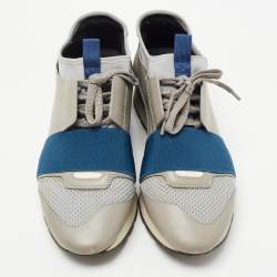 Balenciaga Grey/Blue Mesh and Leather Race Runner Sneakers Size 37