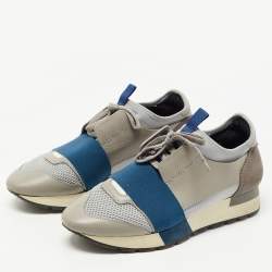 Balenciaga Grey/Blue Mesh and Leather Race Runner Sneakers Size 37
