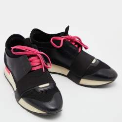 Pre Owned Balenciaga Black Leather,Suede and Mesh Race Runner Low Top Sneakers Size 37