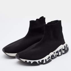 Balenciaga Black Knit Fabric Speed Trainer High Top Sneakers Size 38
