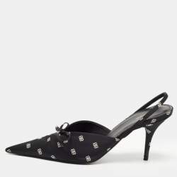 Pre Owned Balenciaga Black BB Logo Print Satin Bow Knife Slingback Pumps Size 38