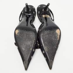 Pre Owned Balenciaga Black BB Logo Print Satin Bow Knife Slingback Pumps Size 38