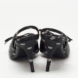 Pre Owned Balenciaga Black BB Logo Print Satin Bow Knife Slingback Pumps Size 38