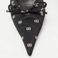 Pre Owned Balenciaga Black BB Logo Print Satin Bow Knife Slingback Pumps Size 38