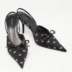 Pre Owned Balenciaga Black BB Logo Print Satin Bow Knife Slingback Pumps Size 38