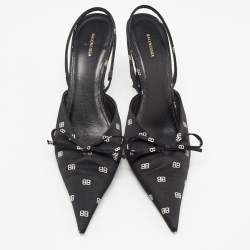 Pre Owned Balenciaga Black BB Logo Print Satin Bow Knife Slingback Pumps Size 38