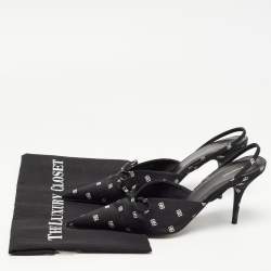 Pre Owned Balenciaga Black BB Logo Print Satin Bow Knife Slingback Pumps Size 38