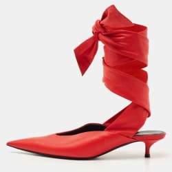 Pre Owned Balenciaga Red Leather Knife Pointed Toe Ankle Wrap Pumps Size 38