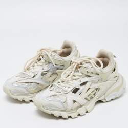 Pre Owned Balenciaga White/Grey Leather and Mesh Track Sneakers Size 37