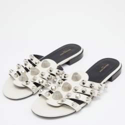 Balenciaga White Leather Arena Studded Strappy Flat Sandals Size 37