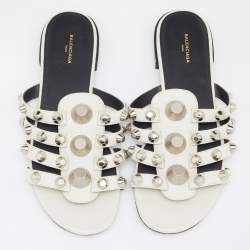 Balenciaga White Leather Arena Studded Strappy Flat Sandals Size 37