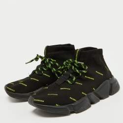 Pre Owned Balenciaga Black/Neon Green Logo Print Knit Fabric Speed Trainer Sneakers Size 38