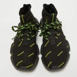 Pre Owned Balenciaga Black/Neon Green Logo Print Knit Fabric Speed Trainer Sneakers Size 38