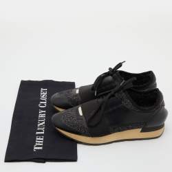 Pre Owned Balenciaga Black Leather and Glitter Fabric Race Runner Sneakers Size 38