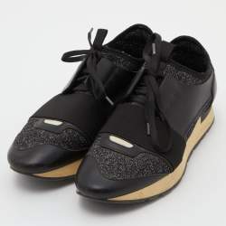 Pre Owned Balenciaga Black Leather and Glitter Fabric Race Runner Sneakers Size 38