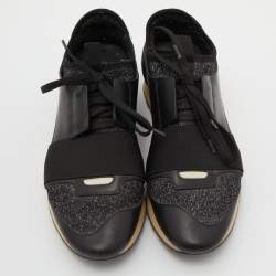 Pre Owned Balenciaga Black Leather and Glitter Fabric Race Runner Sneakers Size 38
