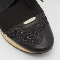 Pre Owned Balenciaga Black Leather and Glitter Fabric Race Runner Sneakers Size 38