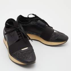 Pre Owned Balenciaga Black Leather and Glitter Fabric Race Runner Sneakers Size 38