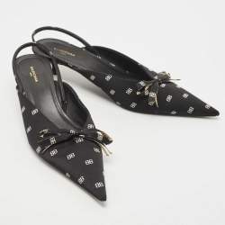 Pre Owned Balenciaga Black BB Logo Print Satin Bow Knife Slingback Pumps Size 39