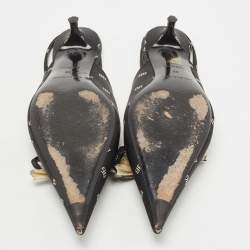Pre Owned Balenciaga Black BB Logo Print Satin Bow Knife Slingback Pumps Size 39