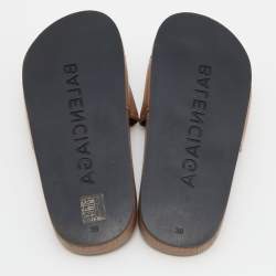 Pre Owned Balenciaga Brown Logo Print Leather Flat Slides Size 39