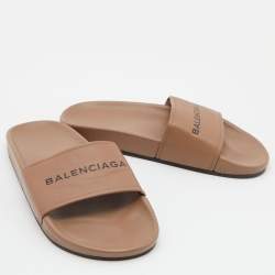 Pre Owned Balenciaga Brown Logo Print Leather Flat Slides Size 39