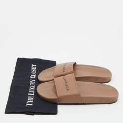 Pre Owned Balenciaga Brown Logo Print Leather Flat Slides Size 39